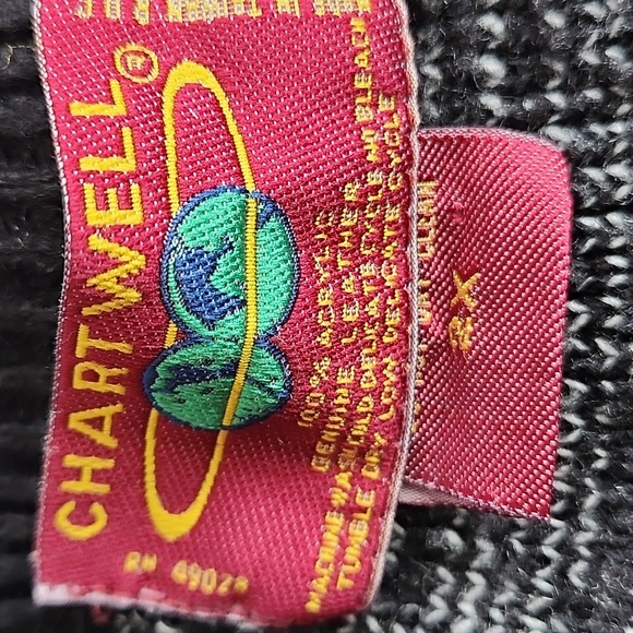 Vintage Chartwell Cardigan Sweater 2X Black Gray Geometric Knit Leather Patches - Picture 7 of 7